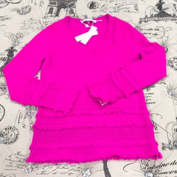 Trina Turk Merino Wool Pointelle Fringe-Trim Sweat - Picture 3 of 6